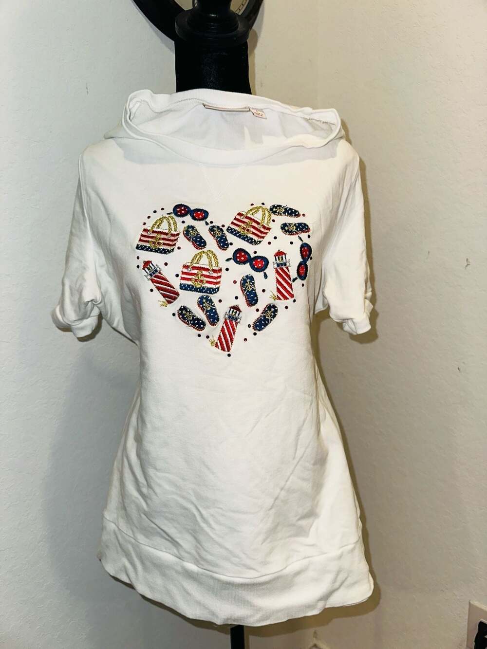 Quacker Factory Nautical Embellished French Terry 4th of July Heart Top Large